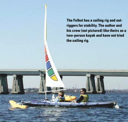 The Folbot has a sailing rig and out-riggers for stability. The author and his crew (not pictured) like theirs as a two-person kayak and have not tried the sailing rig.