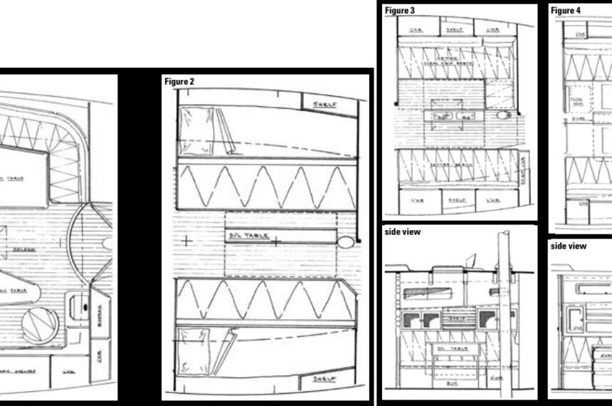 Figure 1, on facing page, shows an optimum setup for fine dining in a large yacht, while Figure 2 shows the drop-leaf table layout used commonly on smaller sailboats. This particular table could have been better supported, however, offering handholds as an additional plus. Figure 3, at left, shows a wider table with integrated stowage. Note the side view below. Figure 4, at right, offers a further improved table with bins and drawers. Another plus: the leaves overhang the settees for easier eating. Note the folding seat at the companionway and the side view of the dining area below.