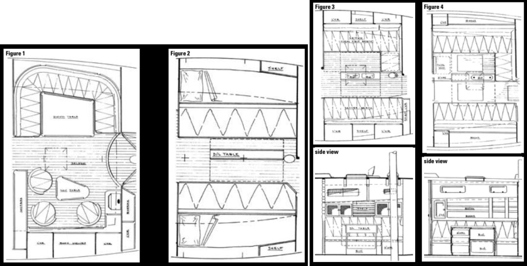 Figure 1, on facing page, shows an optimum setup for fine dining in a large yacht, while Figure 2 shows the drop-leaf table layout used commonly on smaller sailboats. This particular table could have been better supported, however, offering handholds as an additional plus. Figure 3, at left, shows a wider table with integrated stowage. Note the side view below. Figure 4, at right, offers a further improved table with bins and drawers. Another plus: the leaves overhang the settees for easier eating. Note the folding seat at the companionway and the side view of the dining area below.