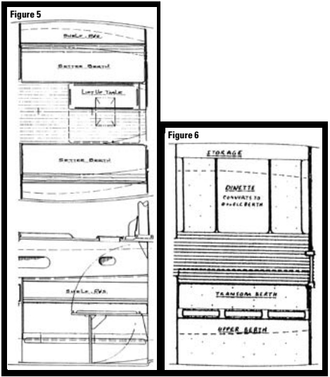 Figure 5, at left, is an example of “the folding wonder.” This table is weakly supported, although it does open up the space belowdecks by folding out of the way when not in use. The setup in Figure 6, below, offers poor dining at sea when heeling, but it keeps the access through the boat open at all times.