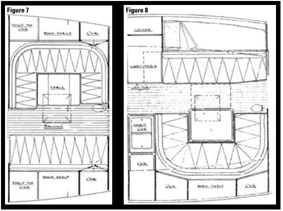 Another convertible dinette is shown in Figure 7, at left. This one has U-shaped seating, which is better for dining while under way. Figure 8, at right, features a solid table with a slideout extension.