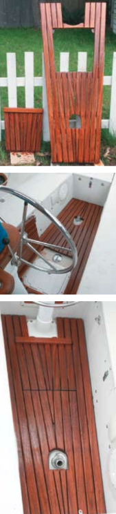 The finished grating, as two pieces, at top right. The center section of grating, center right, has been lifted out to obtain access to the fuel fill and hatch over the stuffing box. The finished grating installed in the cockpit, bottom right.