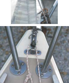 A bowline, tied in the forward end of a Dacron line, below, and to the head of the jib, above, is led to the cockpit and serves as a simple jib downhaul.