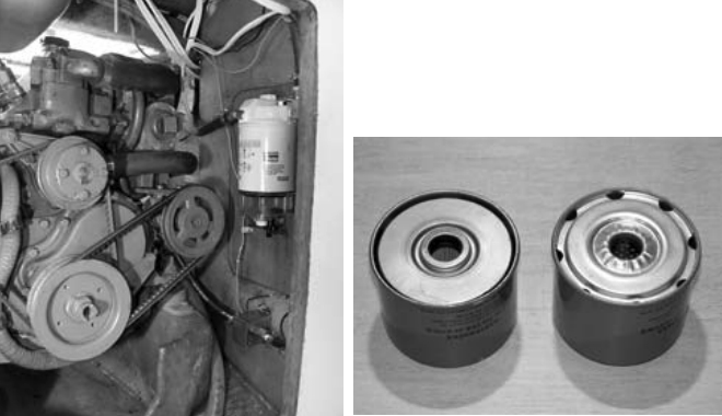 There is good access to the new primary filter, facing page. But the fuel has to be able to get out of the filter. Two identically numbered parts from the same manufacturer: the old, above right, and the new, above left.