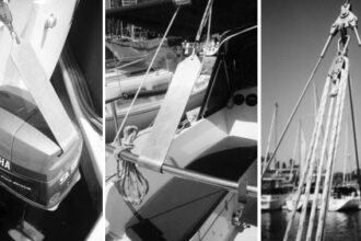 Glyn and Marilyn Judson’s Easy Hoist makes it easier for Marilyn to store their outboard when singlehanding the boat.