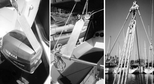 Glyn and Marilyn Judson’s Easy Hoist makes it easier for Marilyn to store their outboard when singlehanding the boat.