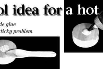 How to clamp something to a vertical wall while the epoxy sets? Smear the epoxy around the outside edge, at left, and add a dollop of hot-melt glue in the center, above. Press the combination against the wall. The glue will hold it in place until the epoxy hardens.