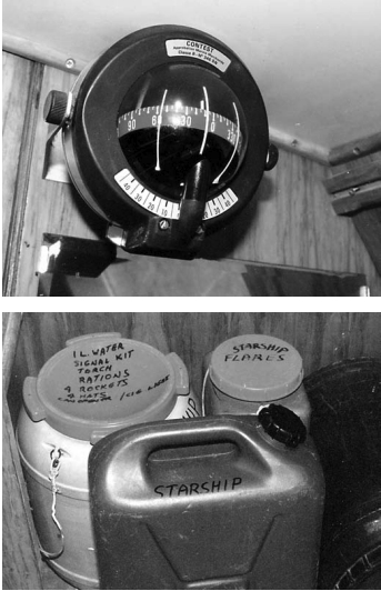 The front-reading compass, above left, visible from the author’s bunk, could replace the steering compass. The quarterberth bunkboard has been removed, at left, to show emergency canisters stowed near the companionway steps. The jerry can of water is normally stowed in the cockpit.