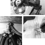 A vice, at top above, has many uses aboard. Siphon breakers, at left, are the only thing preventing water from slowly flooding the engine. A sail repair kit, above, is a necessity.