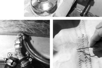 A vice, at top above, has many uses aboard. Siphon breakers, at left, are the only thing preventing water from slowly flooding the engine. A sail repair kit, above, is a necessity.
