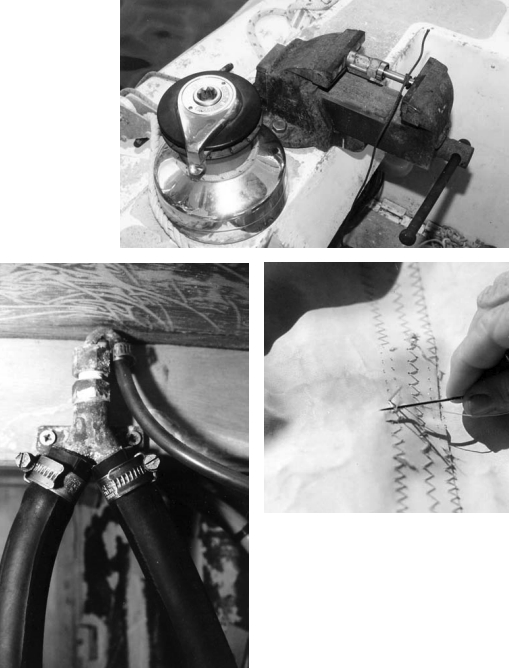 A vice, at top above, has many uses aboard. Siphon breakers, at left, are the only thing preventing water from slowly flooding the engine. A sail repair kit, above, is a necessity.