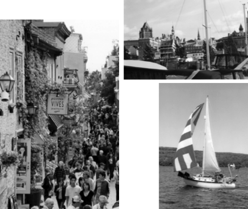 Jim and Ellie have been cruising out the St. Lawrence Seaway bit by bit and enjoying the sights along the way. The old city of Québec, on facing page, was a delight as was the Québec Port Marina, above, with the old town in the background. Below, their Baba 30, Meta Fog, enjoys the journey five weeks at a time.