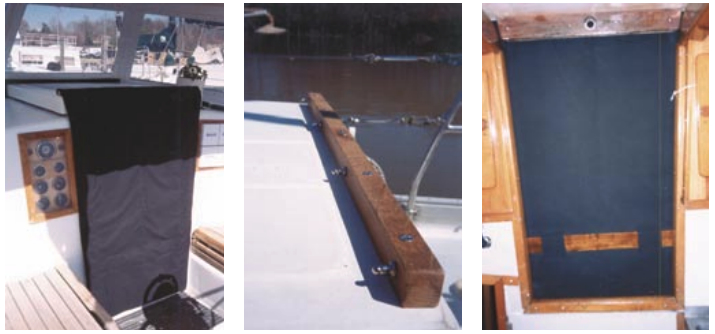 The completed insulated flap, at left above. Top teak strip mounted on the companionway hatch with male-part Lift-the-Dot fasteners in place, above center. The inside of the door flap, at right above. The wood piece is secured in the hatchboard slot to keep the flap from being lifted in a following wind.