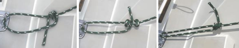 Tautline hitch: Increasing the number of turns to three or four increases the holding power of the tautline hitch. This one’s perfect for tensioning rain tarps or adjusting tiller angles for hands-free steering.