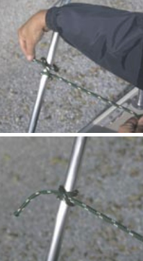 Clove hitch: The clove hitch can be tied by tracing the letter “N” (or its mirror image) with the working end. A clove hitch securing the lifelines to the stanchions on a gangplank is shown on Page 41.