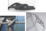 A properly cleated line, top. Bowlines, above, used to tie genoa sheets to the sail’s clew. A clove hitch used to secure lifelines to the stanchions on a gangplank, at left.
