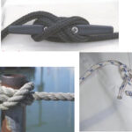 A properly cleated line, top. Bowlines, above, used to tie genoa sheets to the sail’s clew. A clove hitch used to secure lifelines to the stanchions on a gangplank, at left.
