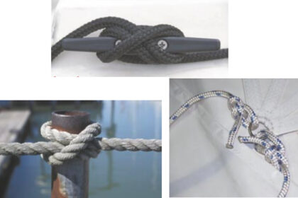A properly cleated line, top. Bowlines, above, used to tie genoa sheets to the sail’s clew. A clove hitch used to secure lifelines to the stanchions on a gangplank, at left.