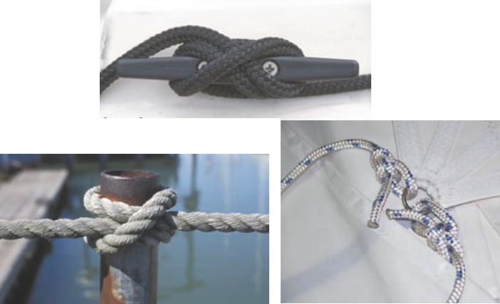 A properly cleated line, top. Bowlines, above, used to tie genoa sheets to the sail’s clew. A clove hitch used to secure lifelines to the stanchions on a gangplank, at left.