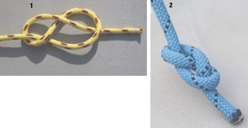 Figure-eight knot, above and to right: This handy knot keeps lines from slipping out of blocks and fairleads. The working end comes out from inside of the first loop (1) and is pulled tight (2). To keep it from slipping loose, tie it at least 4 inches from the bitter end.