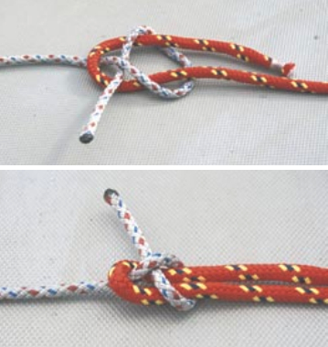 Sheet bend, or becket bend, at left: This is the knot you need to tie lines of two different diameters together. One advantage is that it is easily untied; a disadvantage is that it is neither a strong nor secure knot.