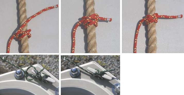 Rolling hitch: The rolling hitch, across top, allows a second line to grab and hold the anchor rode so it can be winched aboard, specifically when the anchor is fouled. Making fast to a cleat, at left: Finish this one off by twisting one loop and making sure the bitter end is lying underneath the final wrap. See finished cleat on Page 41.