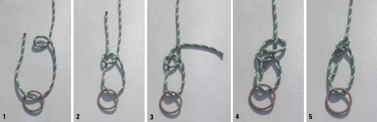 Bowline: Make a small loop in the standing part of the line by passing the working end over the top of the standing part (1). Bring the working end up through the loop (2). Pass the working end around the back of the standing part of the line (3) and back down through the loop (4). Pull tight (5). Bowlines used to tie genoa sheets to the sail’s clew shown on Page 41.