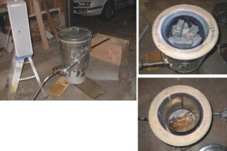 Before he knew it and in spite of his best intentions, Jim Craighead became the creator and owner of a small foundry. It had all started with an innocent patch of rotten plywood near the compression post below the deck-stepped mast of his Chrysler 26. His furnace melting pot, which bears an amazing resemblance to an ordinary garbage can, above left, and looking into the depths of the furnace, first with the pigs, above, and next with the molten lead, facing page.