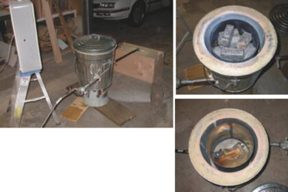 Before he knew it and in spite of his best intentions, Jim Craighead became the creator and owner of a small foundry. It had all started with an innocent patch of rotten plywood near the compression post below the deck-stepped mast of his Chrysler 26. His furnace melting pot, which bears an amazing resemblance to an ordinary garbage can, above left, and looking into the depths of the furnace, first with the pigs, above, and next with the molten lead, facing page.