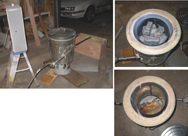 Before he knew it and in spite of his best intentions, Jim Craighead became the creator and owner of a small foundry. It had all started with an innocent patch of rotten plywood near the compression post below the deck-stepped mast of his Chrysler 26. His furnace melting pot, which bears an amazing resemblance to an ordinary garbage can, above left, and looking into the depths of the furnace, first with the pigs, above, and next with the molten lead, facing page.