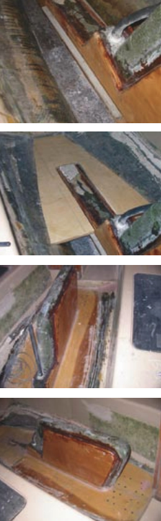 The stainless-steel support rails, at top; the test fitting of the new floor, second from top; and the finished floor in the bottom two photos.