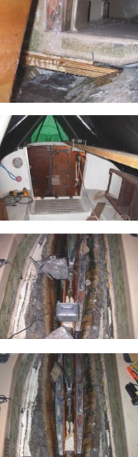 The strengthened mast support, at top; the pulley trolley used for moving the heavy lead, second from top; the castings being placed in the keel, third from top; and the finished keel with all castings in, above.