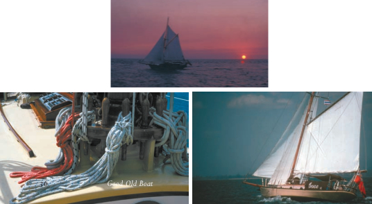 Cooee is sailing in light conditions in Thai waters, above, with two reefs in the main. Jill adds sail area using the small, easily handled topsail. At left below, Cooee has belaying pins instead of halyard winches. At right below, Cooee with the Thai courtesy flag flying. The mainsail is laced to the mast and double-reefed. This is pre-roller furler when the jib was hanked on to a circular halyard then taken to the end of the bowsprit using an outhaul.