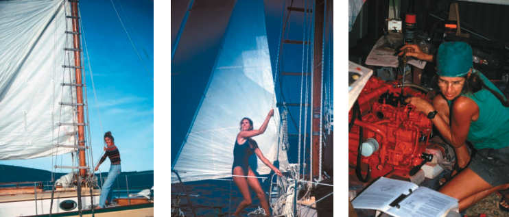 At left, Jill Knight raises Cooee’s big gaff mainsail. Three-to-one purchase on both throat and peak halyards means this is not difficult even without winches. The headsails, center, are raised using belaying pins: easy and simple (See “Advanced swigging,” Page 59). At right, even engines can be beautiful. Cooee has a lightweight Westerbeke 20B. Jill is adjusting the valve clearances with guidance from the manual.