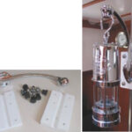A Weems & Plath lantern was mounted in Michael Hewitt’s Valiant 32 without drilling a hole in the bulkhead, upper right. By making use of the compression rod, it’s vertically adjustable. It will also hold a small flower vase (see Good Old Boat, March 2004 Mail Buoy). The parts for the project, above.