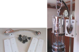 A Weems & Plath lantern was mounted in Michael Hewitt’s Valiant 32 without drilling a hole in the bulkhead, upper right. By making use of the compression rod, it’s vertically adjustable. It will also hold a small flower vase (see Good Old Boat, March 2004 Mail Buoy). The parts for the project, above.