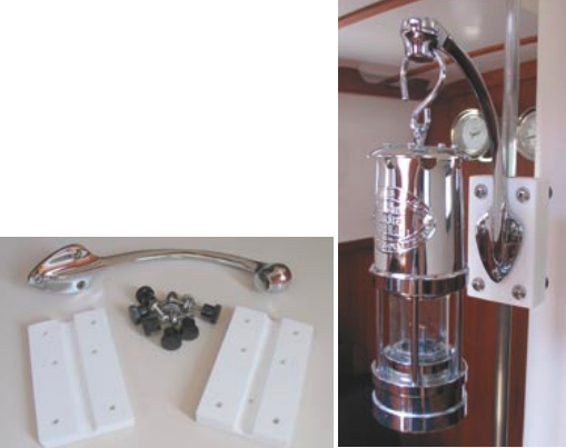 A Weems & Plath lantern was mounted in Michael Hewitt’s Valiant 32 without drilling a hole in the bulkhead, upper right. By making use of the compression rod, it’s vertically adjustable. It will also hold a small flower vase (see Good Old Boat, March 2004 Mail Buoy). The parts for the project, above.