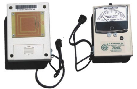 The front of the J. R. Overseas moisture meter, above, shows the moisture scale, while the back side, at left, shows the sensitive sensors.