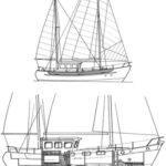 Zig Zag, above left, in a French canal. At right, the sailplan and profile of a 37-footer in the popular Fisher line.