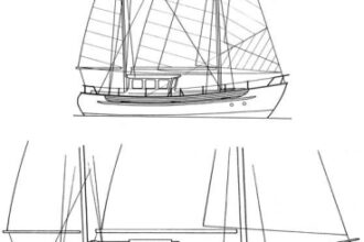Zig Zag, above left, in a French canal. At right, the sailplan and profile of a 37-footer in the popular Fisher line.