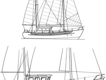 Zig Zag, above left, in a French canal. At right, the sailplan and profile of a 37-footer in the popular Fisher line.