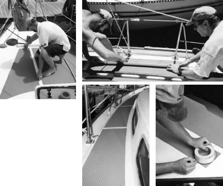 Fitting the Treadmaster to the contours of the deck, trimming the pieces, test-fitting the cut sections, and creating the corner contours.