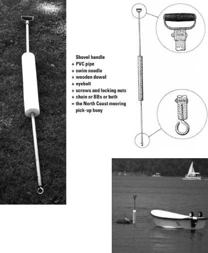 Shovel handle + PVC pipe + swim noodle + wooden dowel + eyebolt + screws and locking nuts + chain or BBs or both = the North Coast mooring pick-up buoy