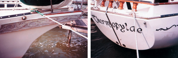 Distinguishing features of the Bayfield sailboats are the trailboards at the bow and taffrail at the stern.