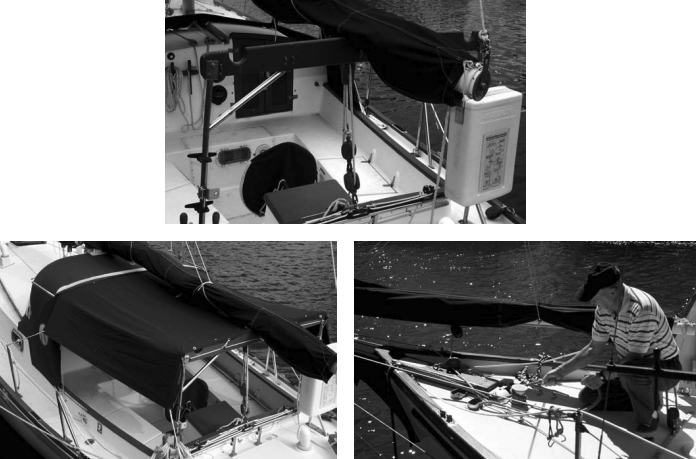 A cockpit awning, below left, can provide protection from the sun as well as keep sailors dry on rainy days. The anchor winch, below right, saves older backs from strain. Furling the mainsail is an easier job when the boom is secure in the boom gallows, at left, and the sail is controlled by lazy-jacks.