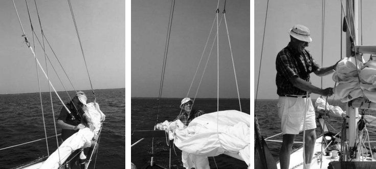 Our fisherman-staysail halyard, cleated off at a pre-marked position, provides an overhead safety line when furling sail out on the bowsprit, below left. The lazy-jacks on our club-footed jib contain the sail and also act as a topping-lift for the jib boom. Additional lazy-jacks are on the mainsail, center. The cabintop jackline allows movement from cockpit to foredeck without unclipping the harness, right. The line that is clipped to the harness is long enough for deckwork, yet short enough so you can’t go too far overboard.
