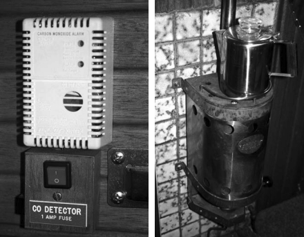 A carbon monoxide detector like the one at left, is important. Don’s diesel cabin heater, at right, also warms his coffee pot.