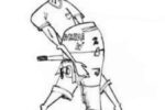 Drawing of a man struggling to hold an outboard motor
