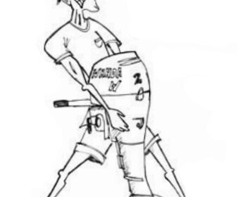 Drawing of a man struggling to hold an outboard motor