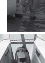 Most often, a good old trailersailer is equipped with an outboard motor of the same vintage, such as the aging engine shown above. With a little TLC, these older engines can be reliable auxiliaries. Outboard motors mounted in wells, at left, are less common than transom-mounted models. One common problem associated with well-mounted units is their tendency to become starved for air while under load.